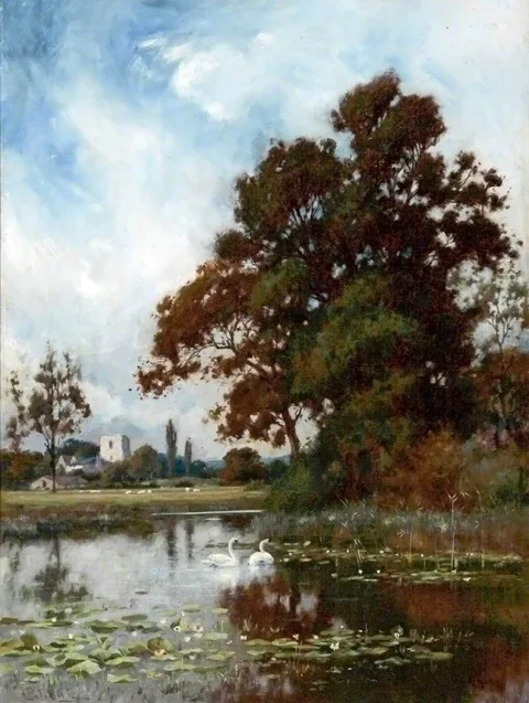 Peter Ghent, Landscape (Mere, Swans, Church in Background)
