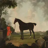 Thomas Stringer, A Black Horse called 'Bishop', with his Groom in a Landscape