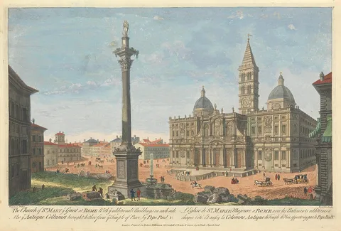 Carington Bowles, The Church of St. Mary ye Great at Rome. With ye additional Buildings on each side. Also ye Antique Collumn brought hither from ye Temple of Peace, by Pope Paul V.