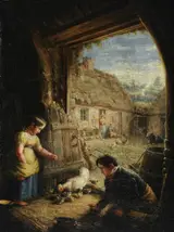 William Shiels, Two Children feeding Chickens