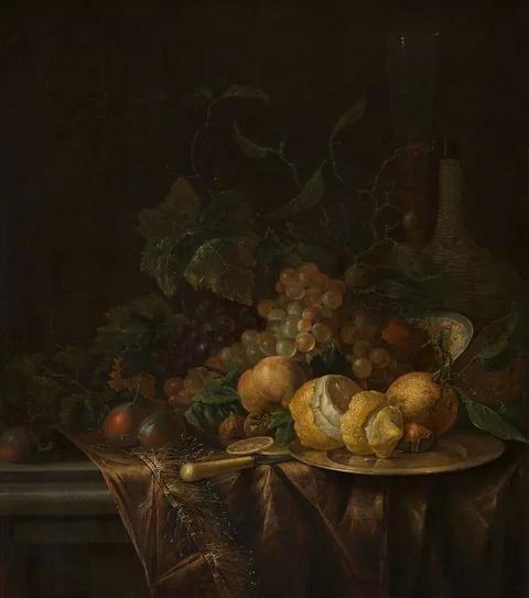 Gregorius de Coninck, Still life with fruit, flute and a carboy