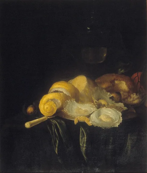 Gregorius de Coninck, Still life with oysters and peeled lemon.