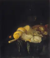 Gregorius de Coninck, Still life with oysters and peeled lemon.
