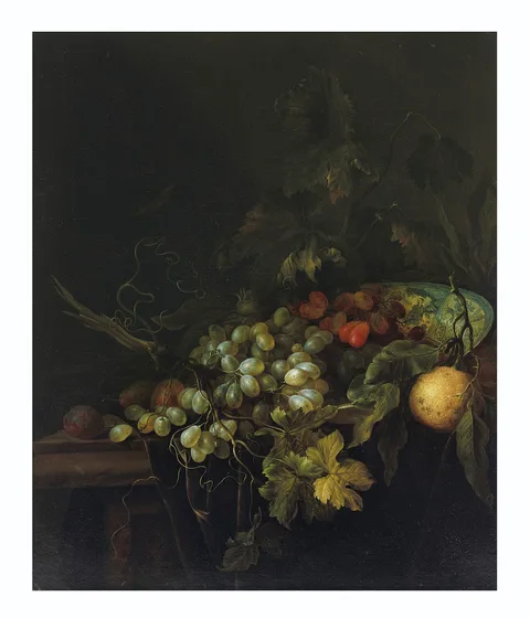 Gregorius de Coninck, A Wan-Li bowl with grapes and other fruit