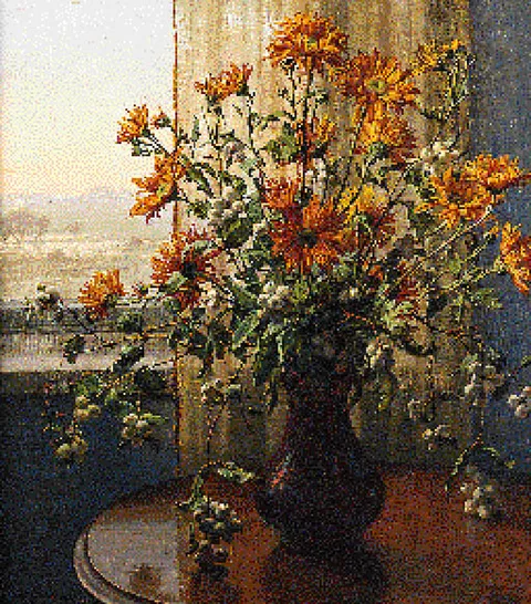 Wilhelm Andersen, Flowers in a Vase on a Table with a View to a winter Landscape beyond.