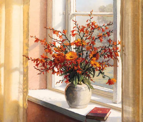 Wilhelm Andersen, A sunlit Interior with Summer Flowers on a Ledge.