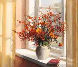 Wilhelm Andersen, A sunlit Interior with Summer Flowers on a Ledge.