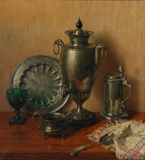Wilhelm Andersen, Still life with samovar and tableware in silver.