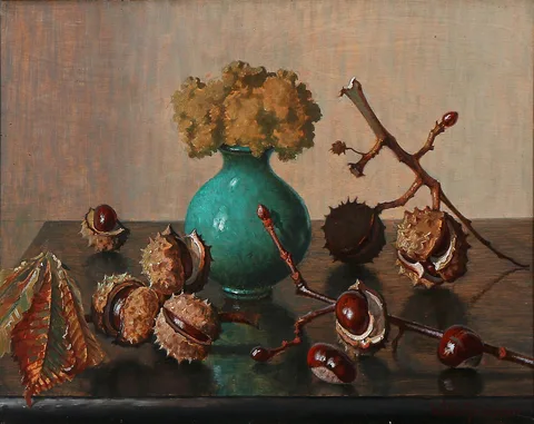 Wilhelm Andersen, Still life with chestnuts and a green vase.