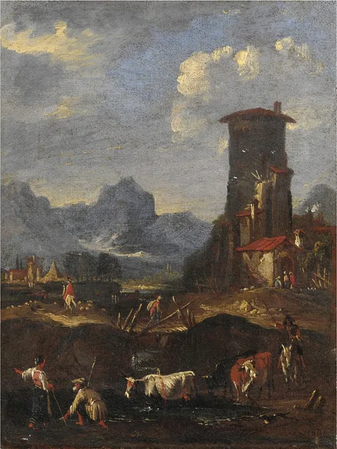 Ernest Daret, Landscape with farmers and animals, a village on the right