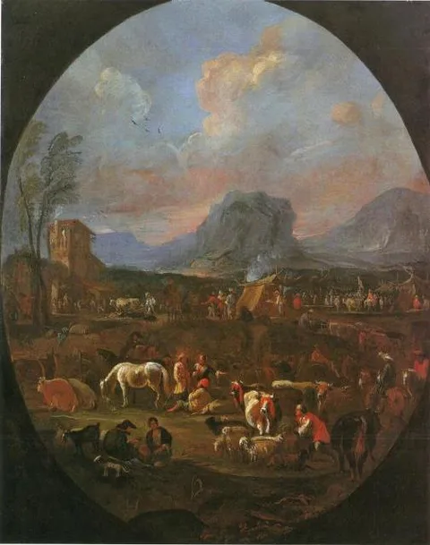 Ernest Daret, Italianate landscape with with shepherds and cattle