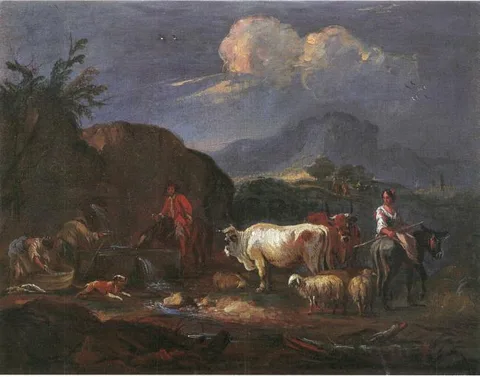 Ernest Daret, Italianate landscape with shepherds, wash women and herd