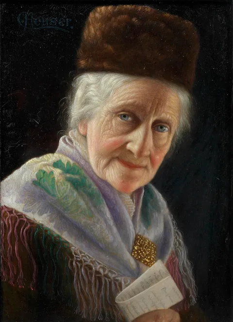 Carl Heuser, Portrait of an old lady with fur hat.
