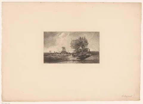 Amedée Paul Greux, Twee figuren in een rivierlandschap met molen