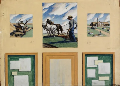 Harry Louis Freund, Agriculture and Varied Industries (mural study, Windsor, Missouri Post Office) (3 panels)