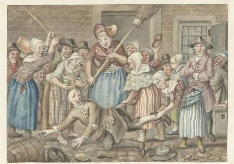 Anthonie Drost, Een man die zijn vrouw had geslagen wordt in de Vinkestraat te Amsterdam door een groep vrouwen bestraft, 1768