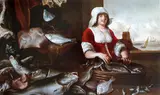 Jan de Bondt, Fish still life with fishwife and cat