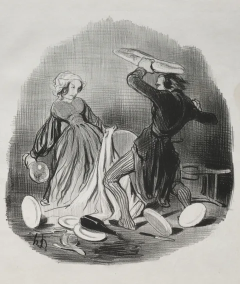 after Honore Daumier, Ah! You Think Your Wife Does Not Provide Enough for You, Villain. . . .