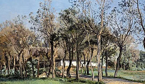 Janus la Cour, A thatched farm behind deciduous trees.