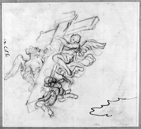 Ludovico Giminiani, Beskrivning i Bjurström It. Drawings nr 727: Watermark: Fleur de lis.  Angels flying with the Cross of Christ