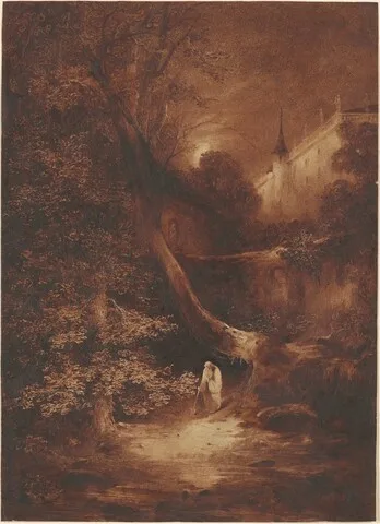 Julius Albert Elsasser, Moonlit Landscape with a Monk Walking near a Palace