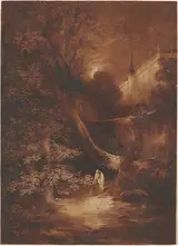 Julius Albert Elsasser, Moonlit Landscape with a Monk Walking near a Palace