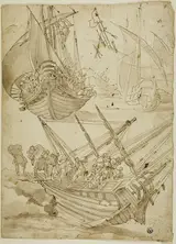 Lazzaro Tavarone attribuito, Crew Abandoning Ship (recto) Sketches of Corinthian Columns (verso)