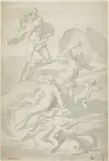 William Taverner, Polyphemus Throwing Boulder at Acis, with Galatea (recto), and Pholyphemus Lifting Boulder (verso)