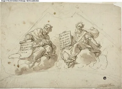 a Simone Pignoni, Spandrel with Two Prophets (recto); Outstretched Right Hand; Two Kneeling Figures (verso)