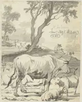 Hendrick ten Oever, Herder met koeien en schapen onder een boom