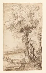 Giovanni Francesco Grimaldi Il Bolognese, Boomgroep aan een meer in een bergachtig landschap