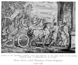 Diana Scultori Ghisi, The Triumph of Titus and Vespasian; the men in a horse-drawn chariot, an angel with crowns above them, a triumphal arch at right and landscape beyond