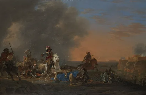 Jan Asselijn, Cavalry attack at sunset