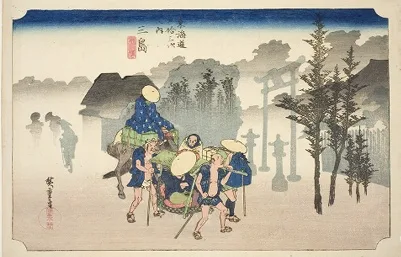 Ando Utagawa Hiroshige, Mishima: Morning Mist (Mishima, asagiri), from the series "Fifty-three Stations of the Tokaido Road (Tokaido gojusan tsugi no uchi)," also known as the Hoeido Tokaido