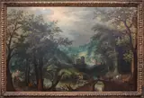 Gillis van Coninxloo (III), Wooded landscape with a river and cows on a bridge