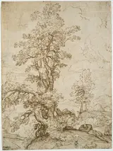 Following of Annibale Carracci, Landscape with Man Sleeping beneath Tree (recto); Landscape with a Horseman (verso)