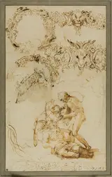 Following of Annibale Carracci, Drunken Silenus and Decorative Sketches: Studies for the Tazza Farnese (recto); Two Putti Fighting: Study for the Galleria Farnese (verso)