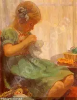 Arvid Aae, Interior with a girl sewing.