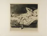 Claude Gaston la Touche, Plate from l'Assommoir (dancer reclining on bed, with cat)