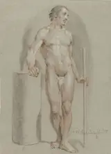 Hendrik Willem Schweickardt, Staand mannelijk naakt, met een stok in de hand, steunend op een ateliercylinder