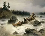 François-Auguste Biard, The Duke of Orleans riding down the great rapid of Eijanpaikka at the Muonio River (Lapland), August 1795