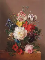 Maria Geertruida Snabilie, Tulips, roses, peonies and other flowers in a vase on a stone ledge