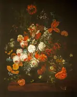 Philip van Kouwenbergh, An Arrangement of Tulips and Roses on a Stone Ledge with a Lizard
