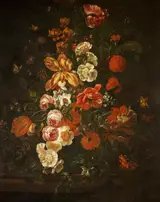 Philip van Kouwenbergh, An Arrangement of Tulips and Roses on a Stone Ledge with a Swallowtail Butterfly