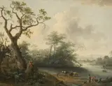 Pierre Joseph Wallaert, Landscape with Men and Cattle at the Edge of a River