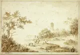 Pierre Joseph Wallaert, Landscape with Figures by Stream