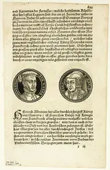 Hans Rudolf Manuel, Medallion Portraits of Henry and Margaret of Navarre (recto) and Portraits of Barbarossa and of Muleasem of Tunis (verso) from Bildtnussen der Rhömischen Keyseren, plate 44 from Woodcuts from Books of the XVI Century