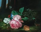 Arthur Chaplin, Roses with convolvuli and a sprig of forget-me-nots on a mossy bank