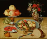 Isaak Soreau, Still life with fruit, wine glass and vase of flowers