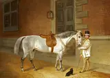 James Flewitt Mullock, Lady Rosamund's Dappled Grey Mare with Head Groom at Tredegar House, Monmouthshire